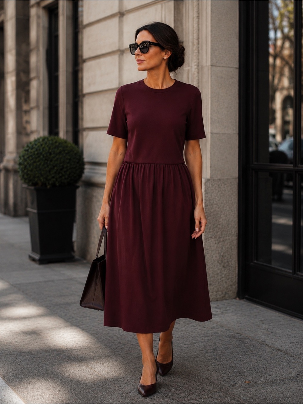 ZARA  Burgundy Drop Waist Midi Dress Pleated Skirt Minimalist Old Money Chic L
